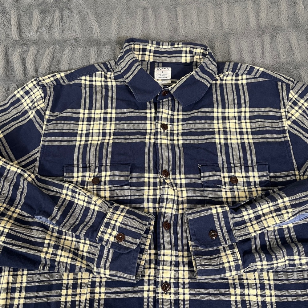 Bonobos Mens Flannel Shirt Large Standard Fit Navy Blue Plaid Cotton Button Down